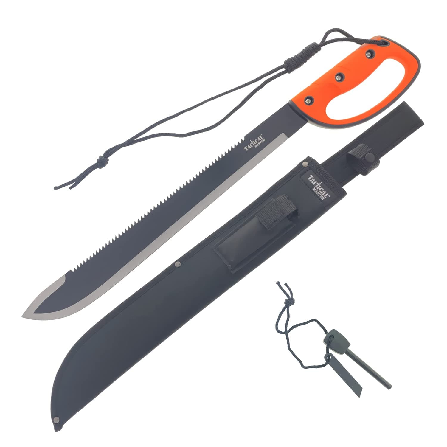 26" Fixed Blade Sawback Machete with a Survival Fire Starter, for Camping, Tactical, Outdoor