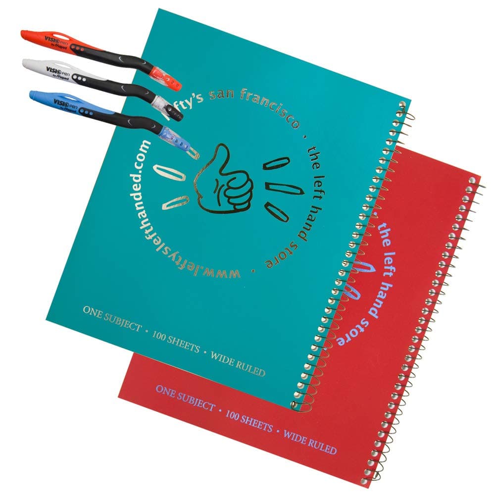 2 Lefty's Circle Logo Wide Ruled Notebooks Plus 3 Left-Handed Visio Pens, Assorted Colors