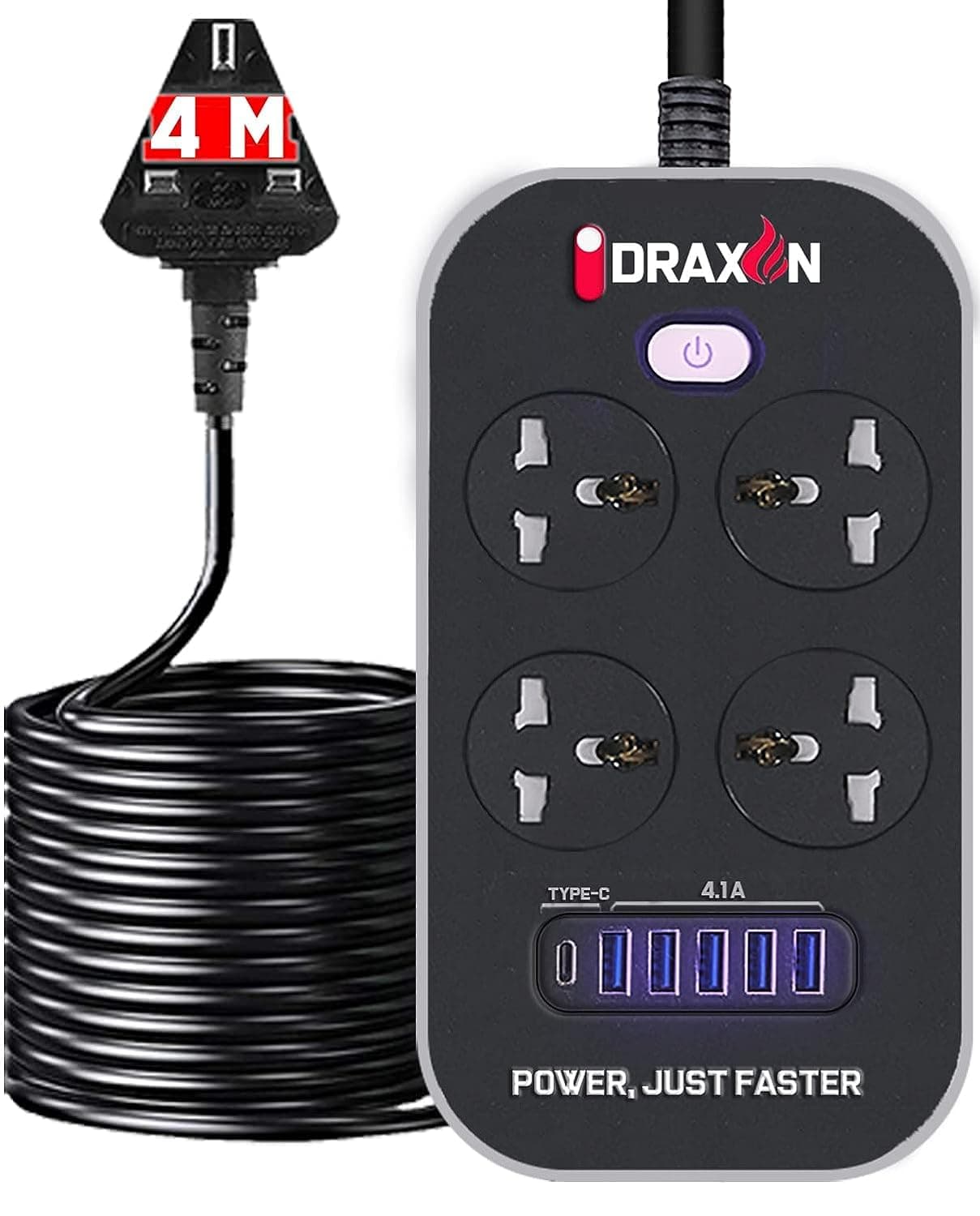 Power Strips Extension Cord 4 Outlets, Universal Multi Plug extension with 6 USB Ports, USB C Port, 4M Long Charging Socket Suitable Travel Adapter, Gaming accessories, Wire organizer, cool gadgets