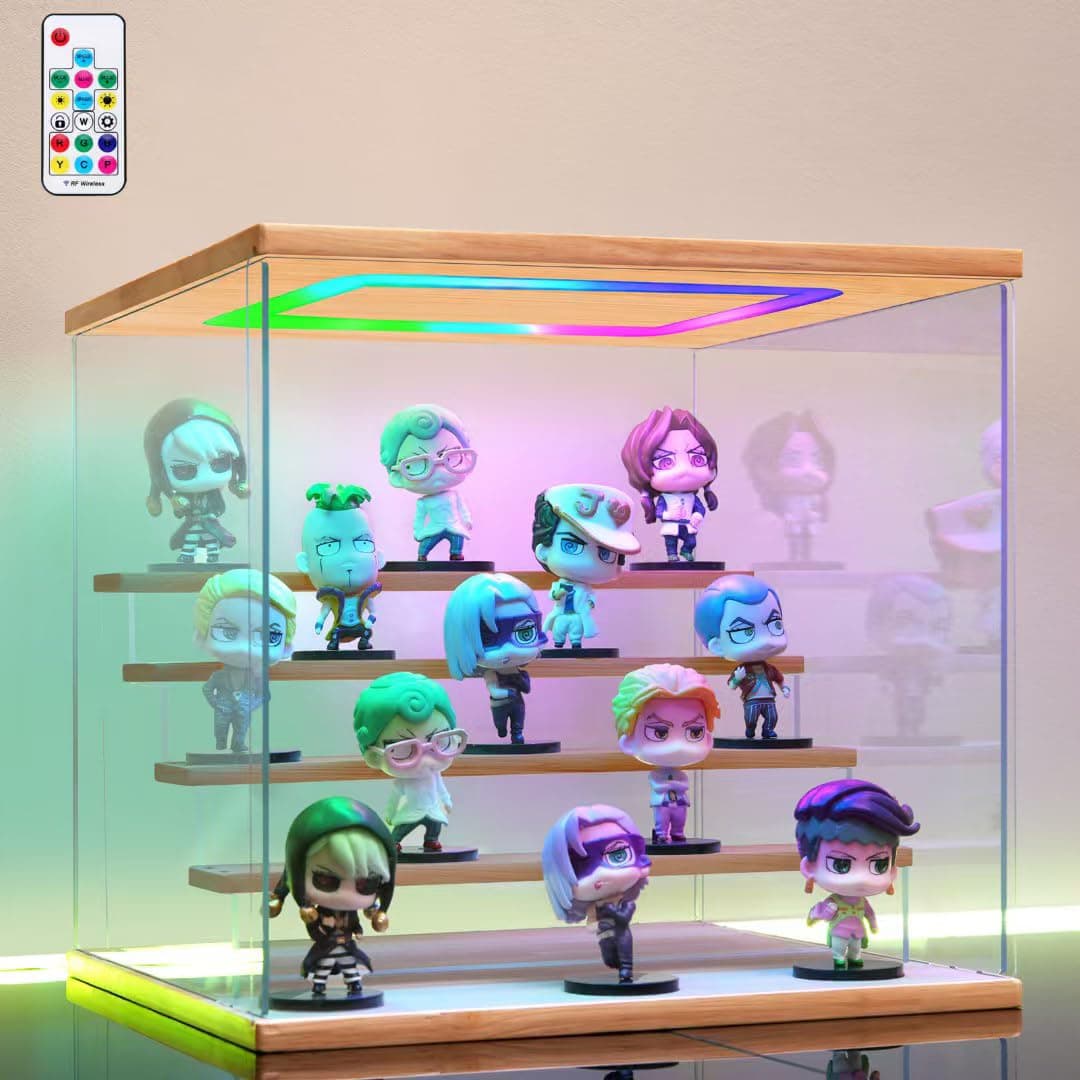 Clear Acrylic Display Case with Light , 5 Tier Multiple Color Lights Display Box Stand Assembly Dustproof Protection Showcase for Collectibles Action Figures (Wood 12.6×12.2×11.8in)