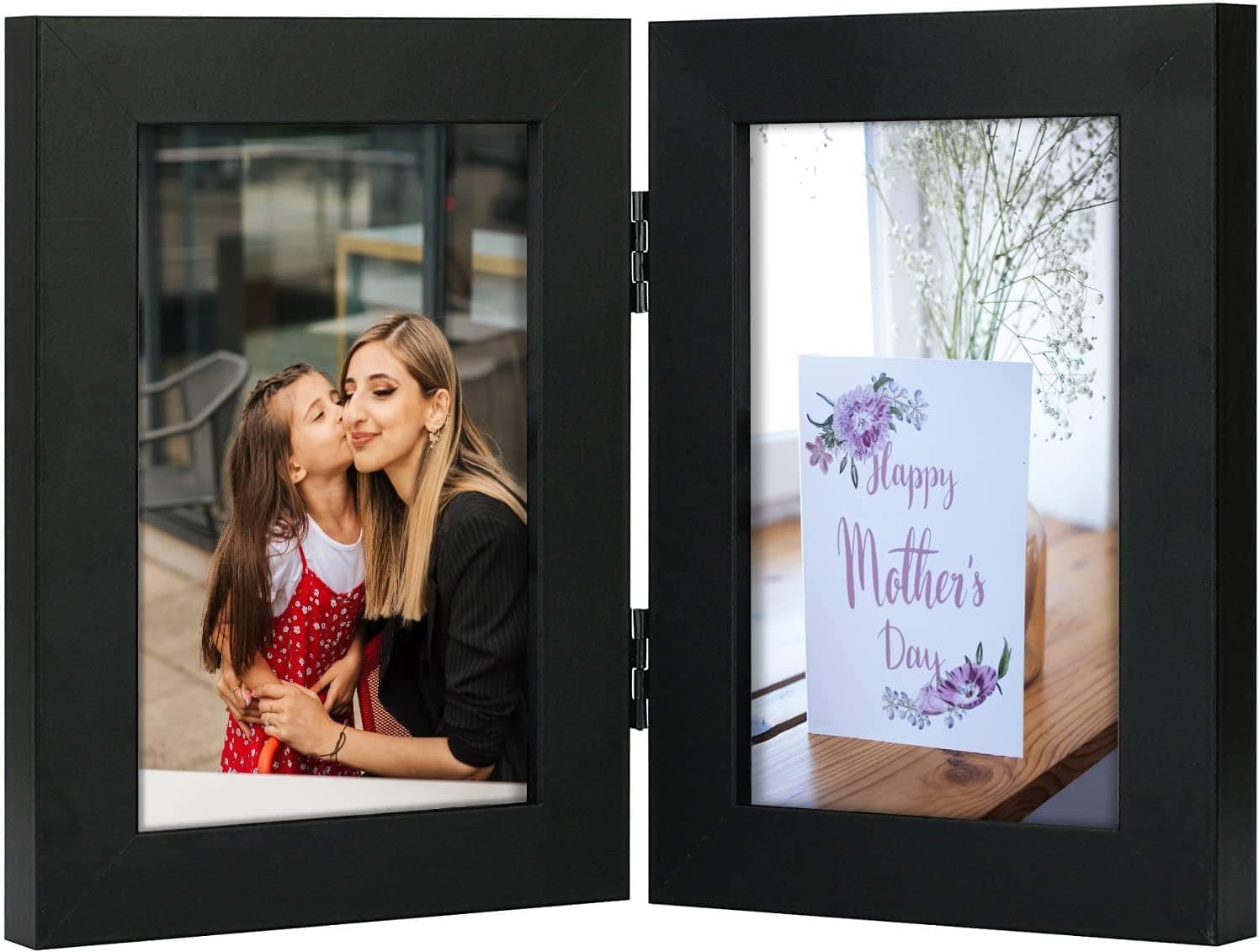 Frametory, 4x6 Double Picture Frame Hinged Photo Frames Two Folding Frame Desktop Glass Frame Vertical (Black, 4x6 Double)