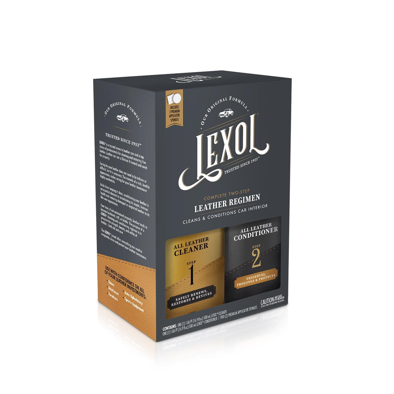 Leather Conditioner and Cleaner Kit by Lexol, Use on Furniture, Car Interiors, Shoes, Handbags, Includes 2 Application Sponges, Two-Step System, 16 oz Each