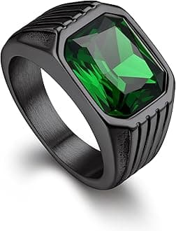Bandmax Gemstone Signet Rings for Men, Stainless Steel Fancy Cut Cubic Zirconia Rings Blue Topaz/Emerald/Black Onyx/Ruby Ring Statement Ring Wedding Ring Size 7-14
