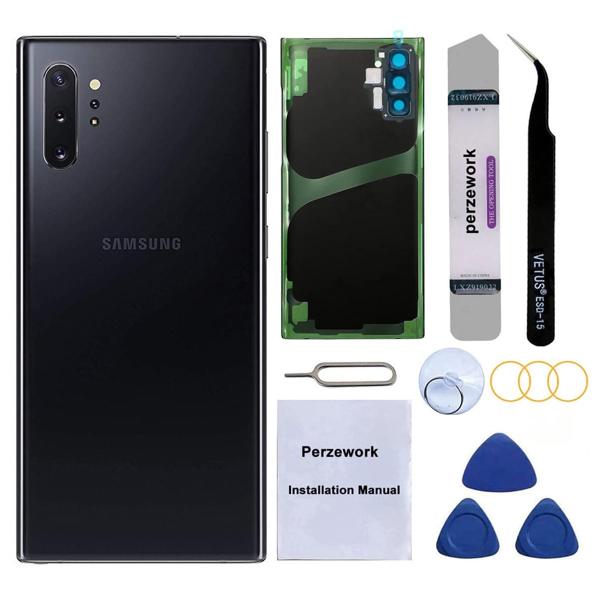Rear Back Glass Replacement for Samsung Galaxy Note 10+ Plus 6.8 inches 5G with Reparing Toolkit and Pre-Installed Adhesive (Aura Black)