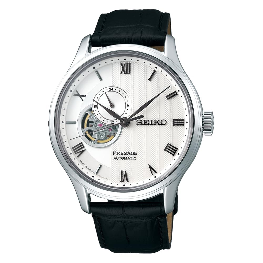 SARY095 Men's Watch, Japanese Mechanical, Automatic (Hand Winding), Japanese Garden, Open Heart, 24 Hour Hands, Leather Strap, Dial White, Stainless Steel