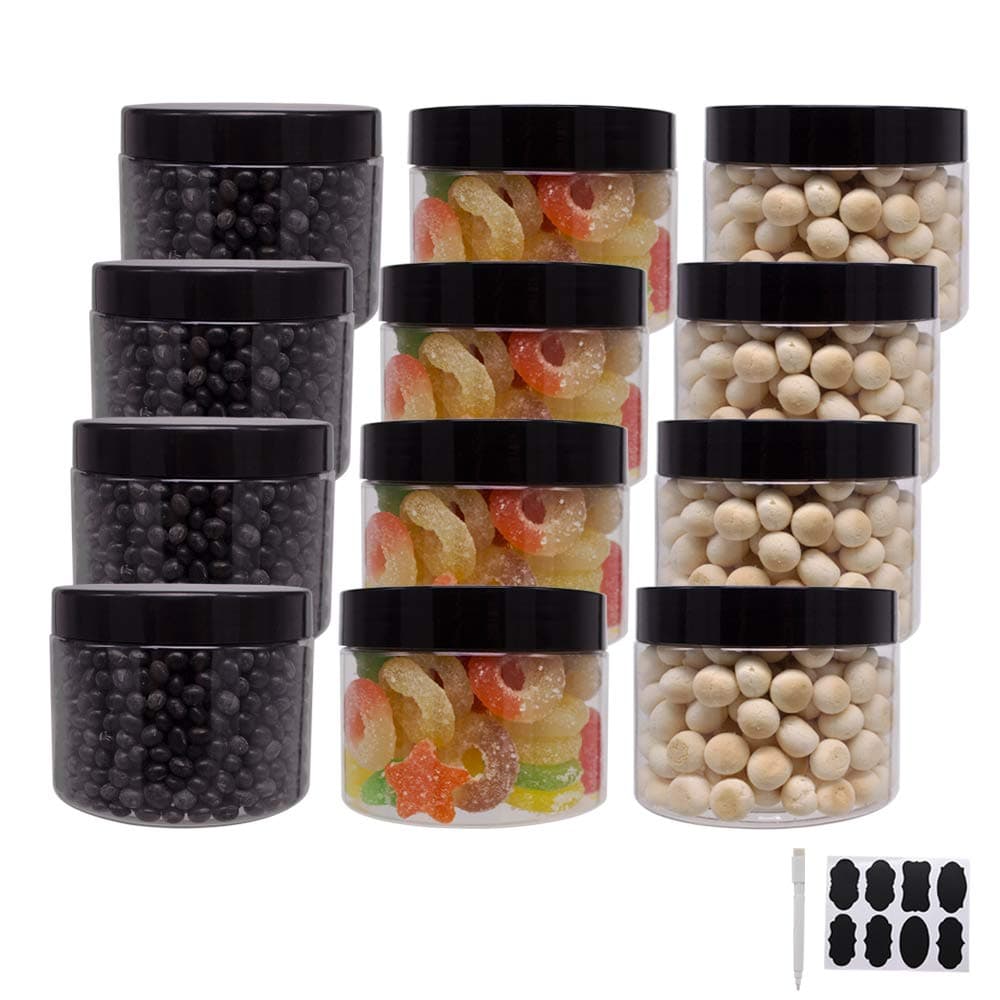 12 Pack 12 oz Plastic Jars With Lids, Extra Labels, 1 Pen, Clear PET Seal Jar for Food Storage,Wide Opening Storage jar For Dry Food, Peanut, Powder, Kitchen & Craft Storage