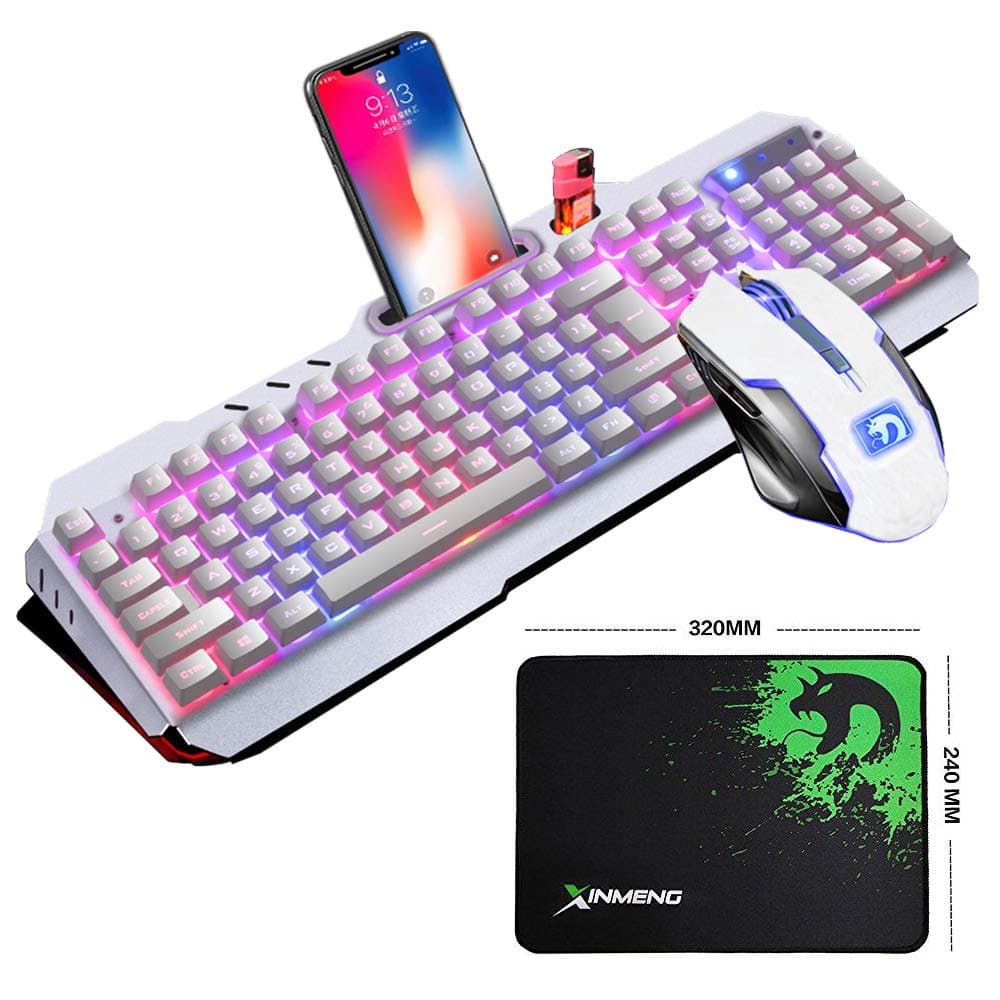 LexonElec@ Technology Keyboard Mouse Combo Gamer Wired 15 LED Backlit Metal Pro Gaming Keyboard + 3200DPI 6 Buttons Mouse + Mouse Pad for Laptop PC (White & Mixed Backlit)
