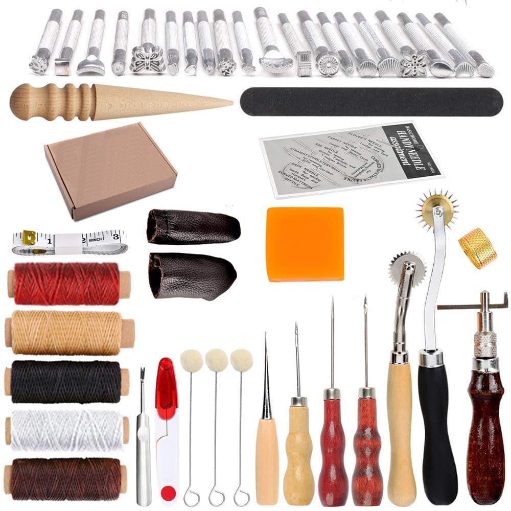 swiftrans33Pc Leather Tools Leather Craft Tools Kit Leather DIY Leather Working Tools Leather Sewing Set Hand Stitching Tool Set with Groover Awl Waxed Thread Thimble Kit for Punching Cutting Sewing