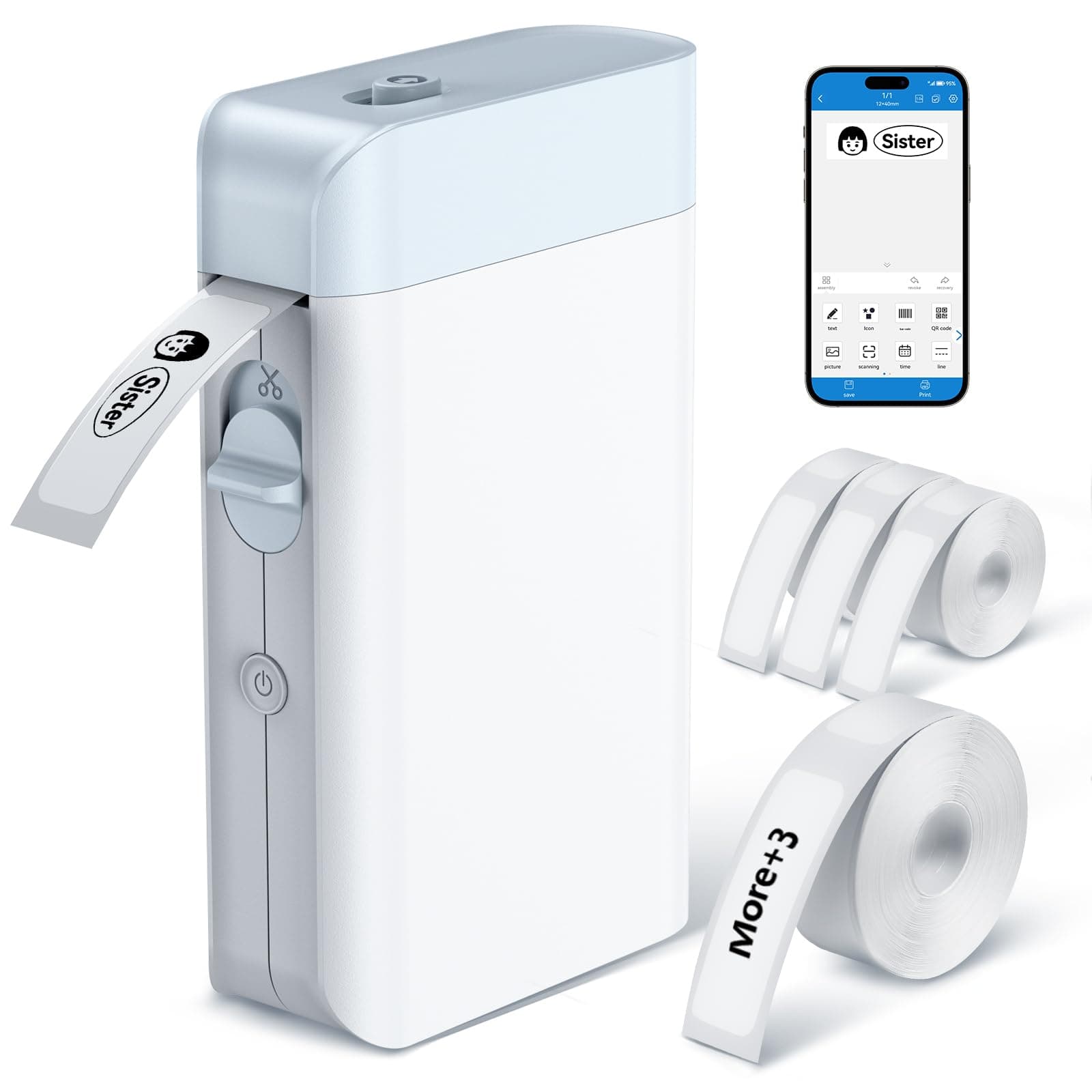 Label Maker Machine with Tape - Thermal Label Maker with 4 Roll Label tape, Portable Bluetooth USB Rechargeable WP9510 Label Printer, Handheld Sticker Maker, Mini Label Makers for Home School Office