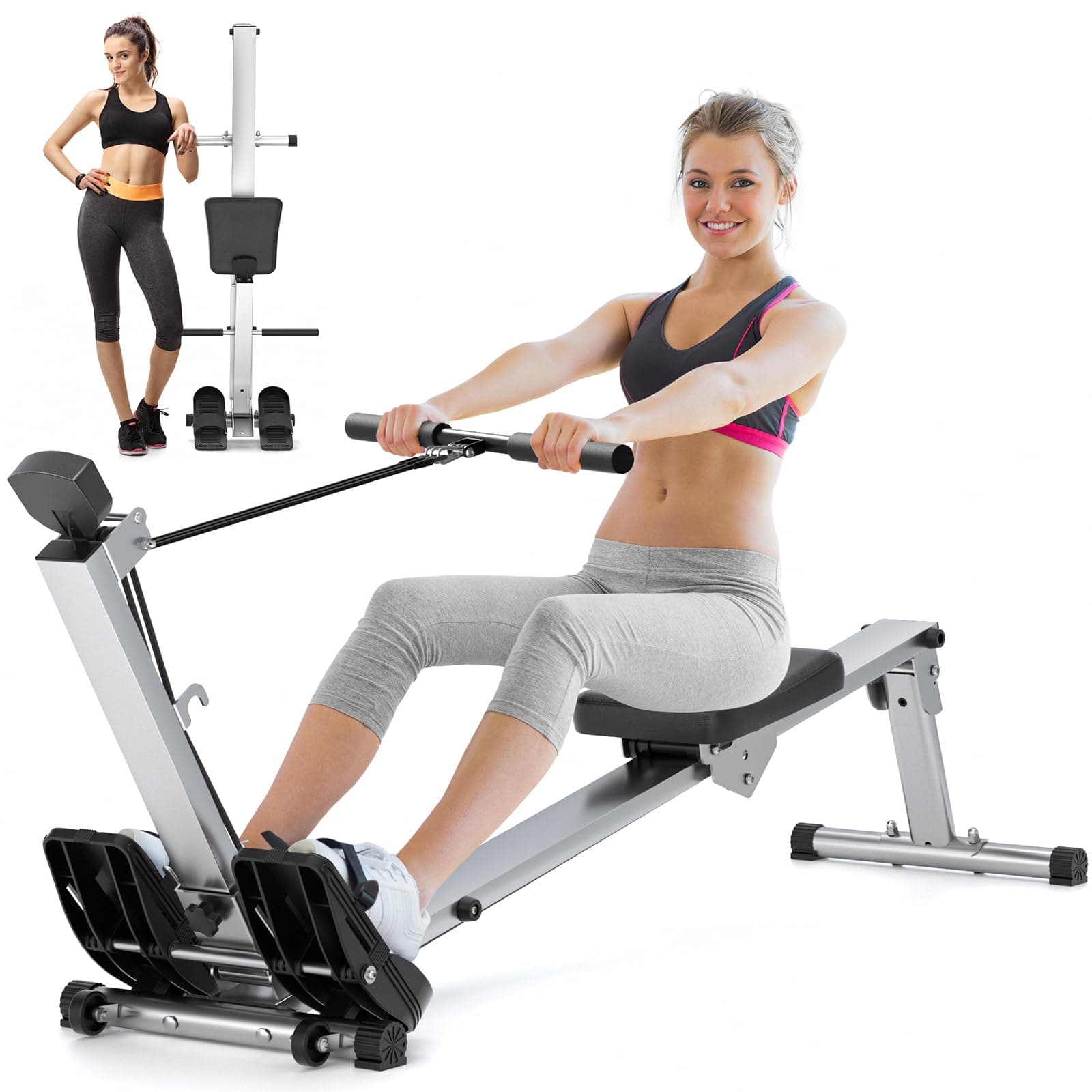 Compact Rowing Machine for Home Use, Magnetic Resistance Foldable Rower for Full Body Workout, Space Saving Design with LCD Display
