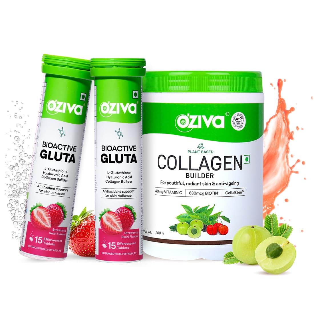 OZiva Vegan Collagen (Tangy Amla) for Skin, Hair & Nails | 200g (Pack of 1) and OZiva Bioactive Glutathione Tablets for Radiant Skin - 30 Effervescent Tablets (Pack of 2) | Strawberry Swirl