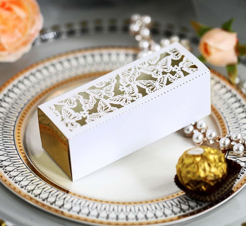 Steedna 50 Pack Pull-Out Type Chocolate Gift Box Hollow Out Rectangle Wedding Party Butterfly Laser Cut Party Favors Chocolate Box Ideal for Weddings, Birthdays & Anniversaries (White)
