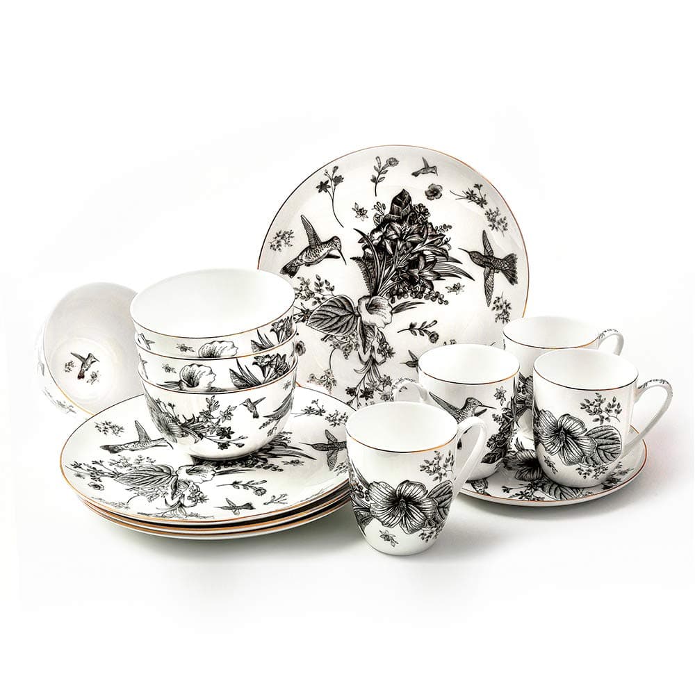 Botanic Plates and Bowls Sets Dishes Set for 4, Ceramic Plates and Bowls Set, Service for 4, Bone China Dinnerware Set Salad Dessert Plates, and Cereal Bowls Set, Microwave safe by KOKEN