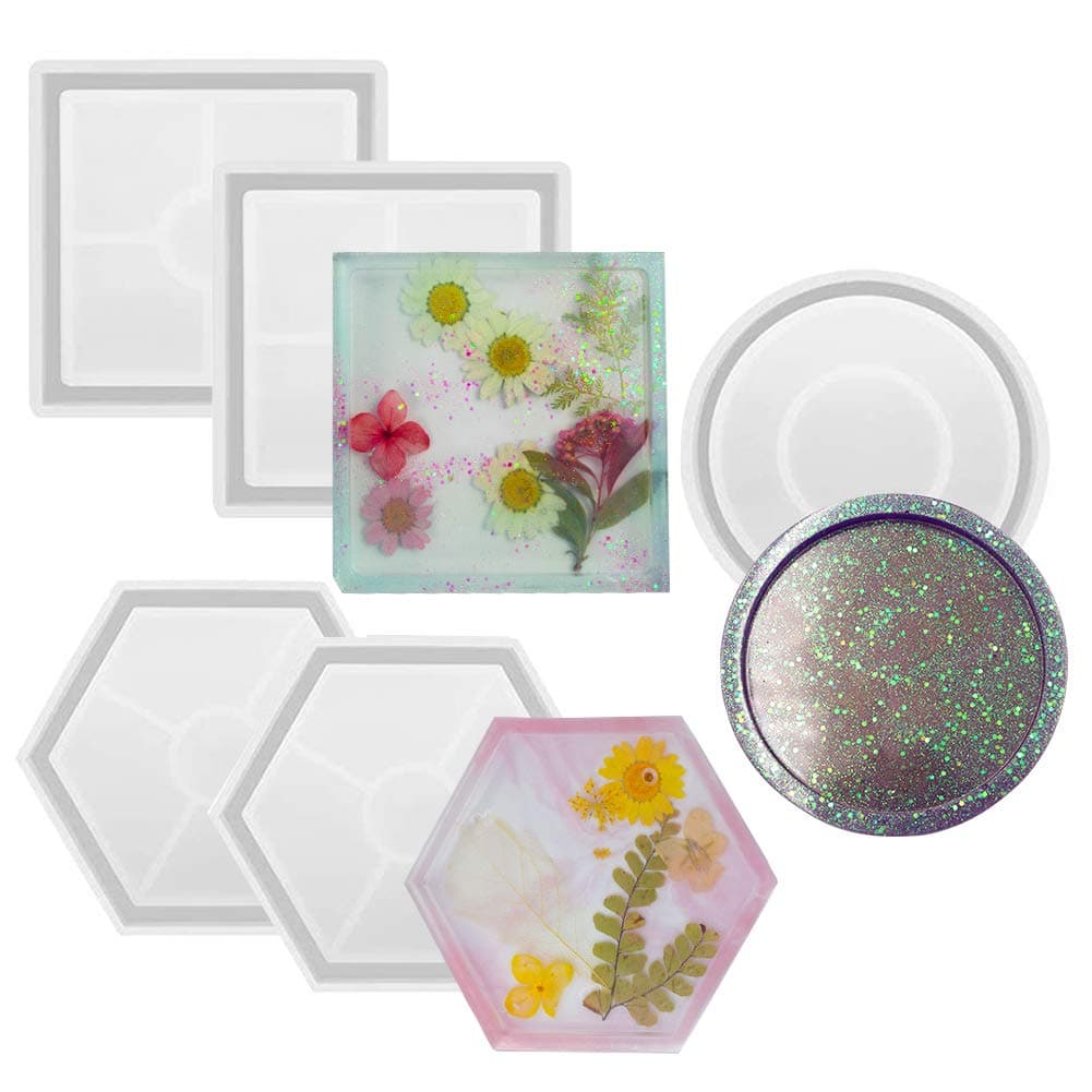 EVNEED 5 Pcs DIY Coaster Silicone Mold,Include Round,Square,Hexagon Silicone Resin Mold,Bottom Bracket Prevents Deformation, Molds for Casting with Resin, Concrete,Cement