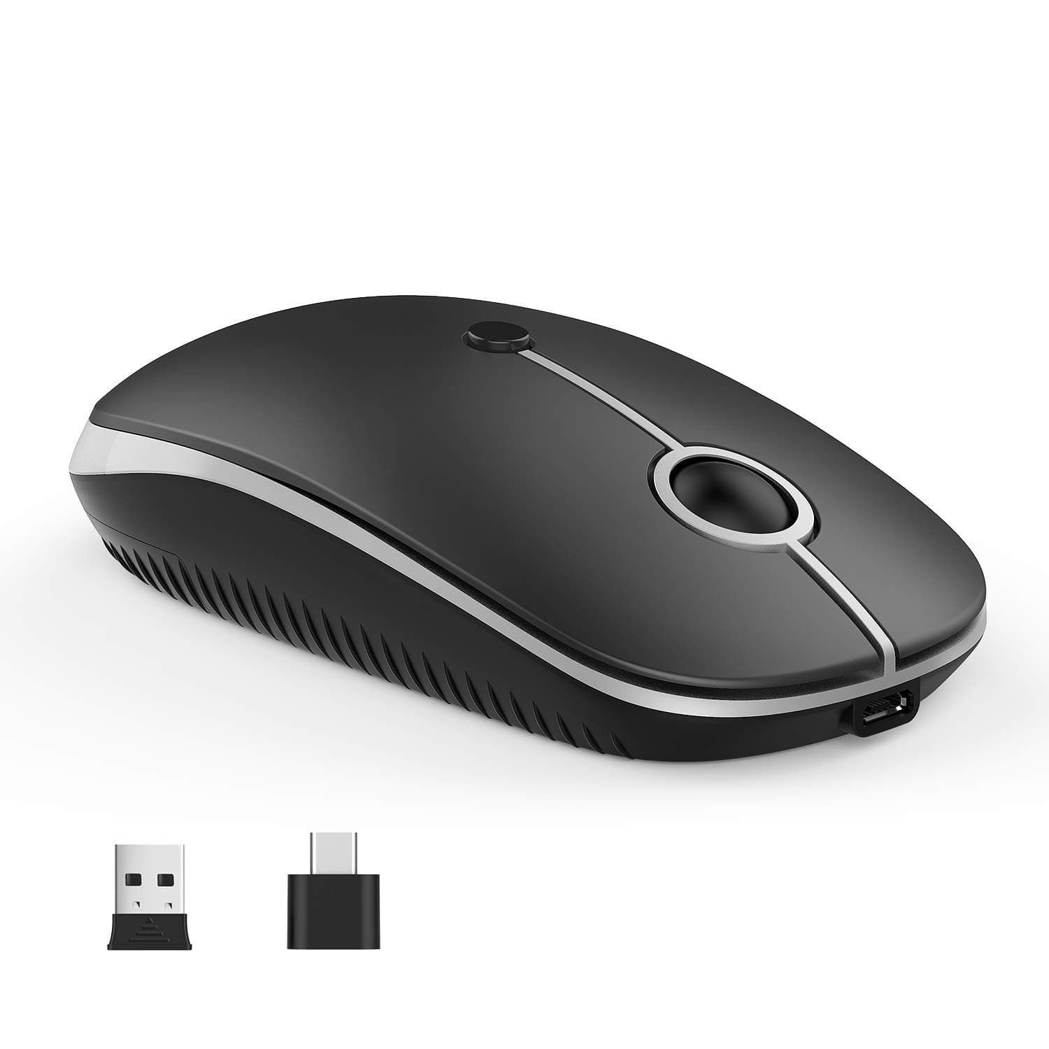 Vssoplor Type C Wireless Mouse， USB C MacBook Wireless Mouse Dual Mode 2.4G Cordless Mice with Nano USB and Type C Receiver Compatible with PC, Laptop, MacBook and All Type C Devices-Black and Silver