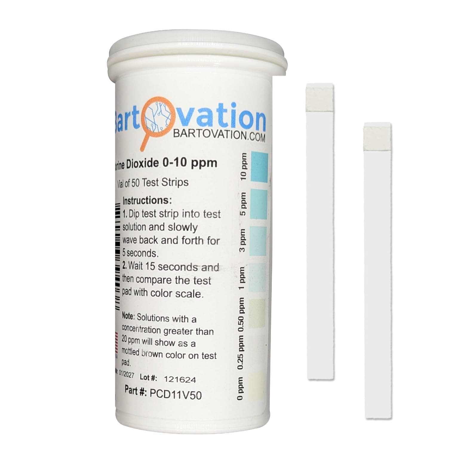 Low Range Chlorine Dioxide Test Strips, 0-10 ppm [Vial of 50 Plastic Strips]