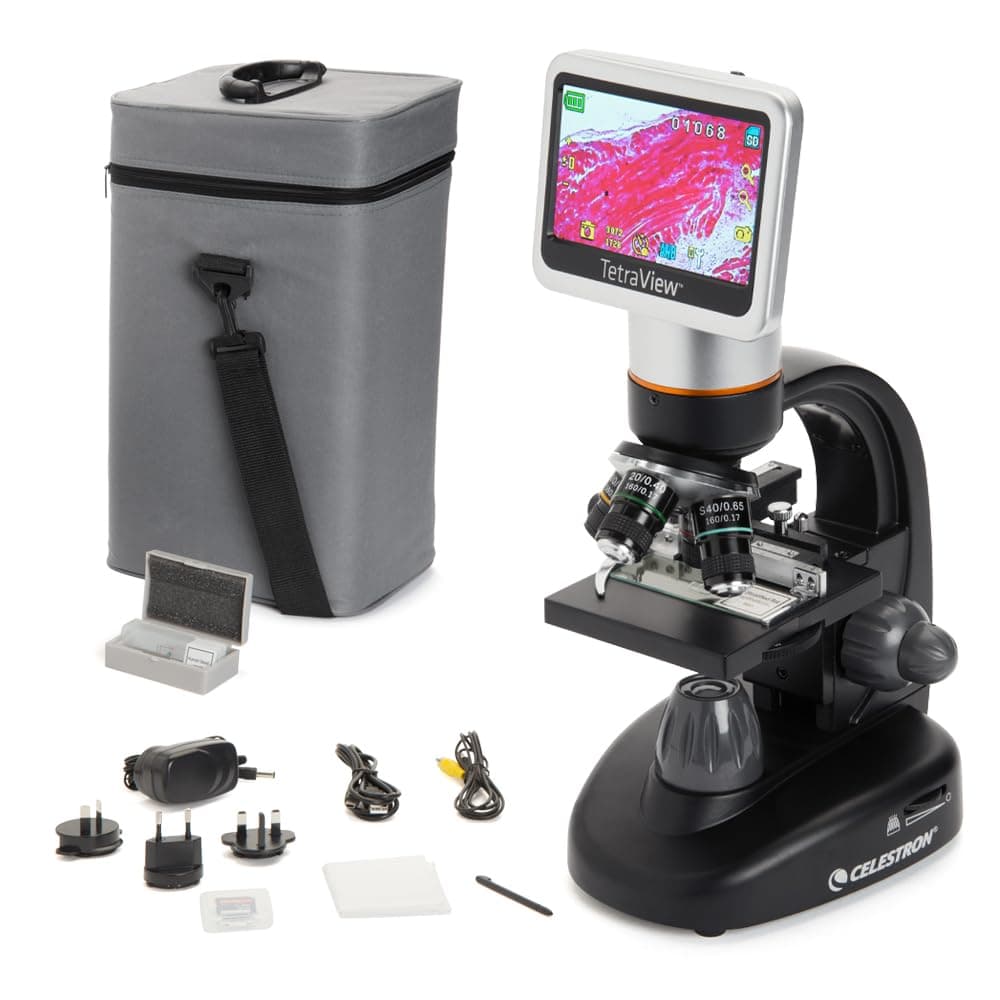 Celestron Digital Microscope TetraView LCD with Built-In 5MP Camera, 40x - 400x Magnification, Black