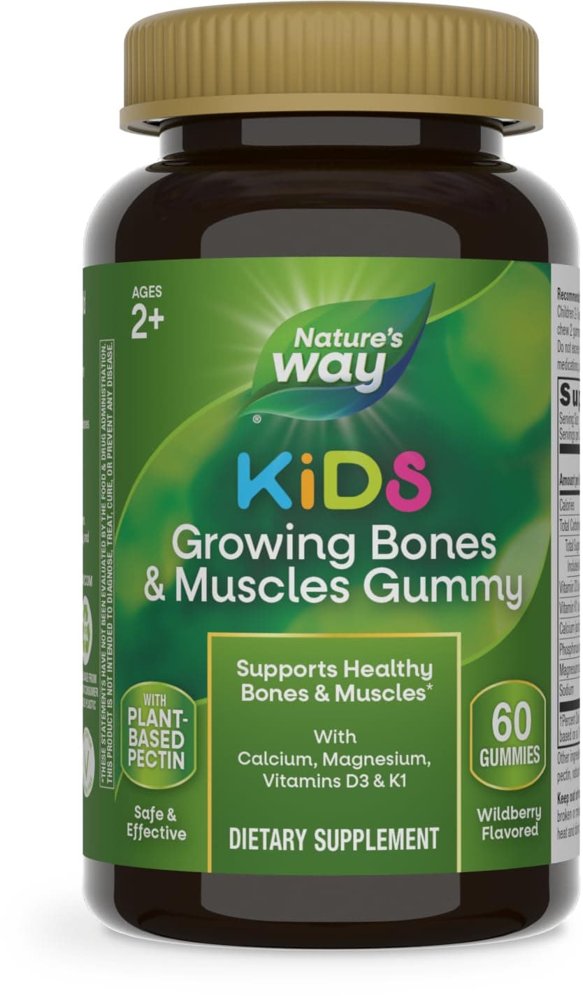 Kids Growing Bones & Muscles Gummy, Supports Healthy Bones & Muscles*, Calcium, Magnesium, Vitamins D3 & K1, Ages 2+, Wildberry, 60 Gummies
