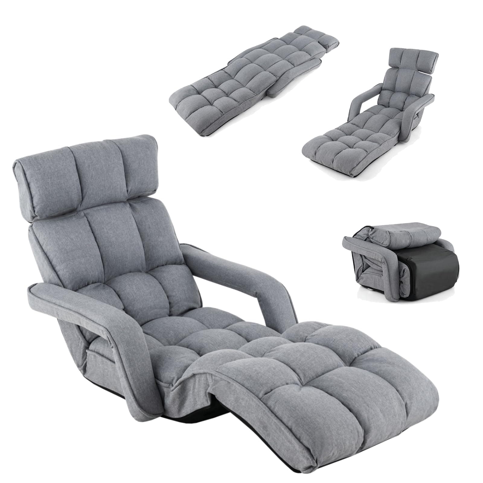 Folding Lazy Sofa Bed, 6 Positions Adjustable Single Floor Lounge Recliner with Armrest & Footrest, Convertible Padded Armchair Sleeper Chair for Living Room Bedroom Office