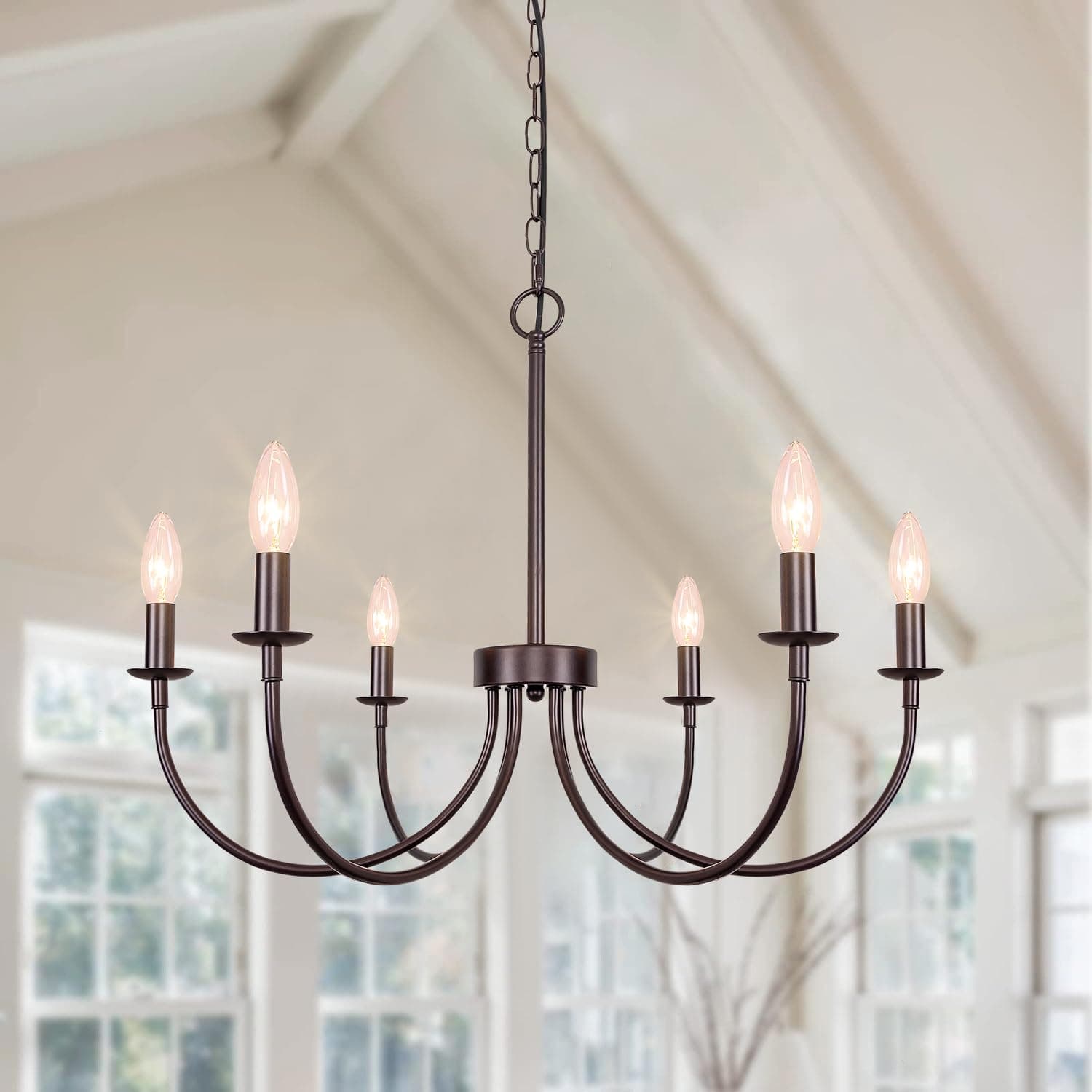 Farmhouse Chandelier, 6-Light Chandeliers for Dining Room Lighting Fixtures Hanging, Oil Rubbed Bronze Candle Chandelier Rustic Industrial Modern Chandelier for Living Room, Bedroom, Foyer