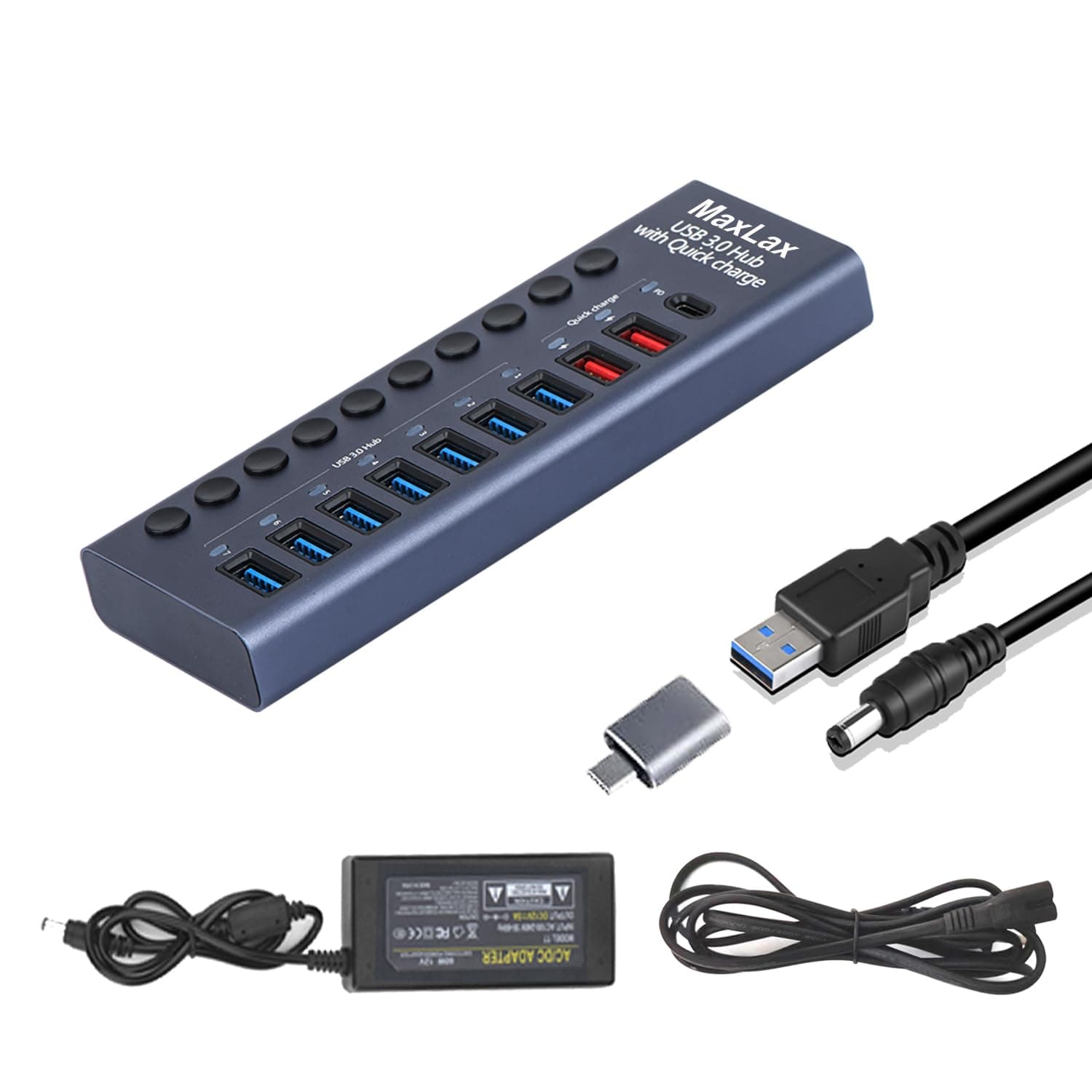 MaxLax Aluminum USB 3.0 hub with Charging Function, Power Adapter,Individual Power swiches (Silver Gray-10 Ports)