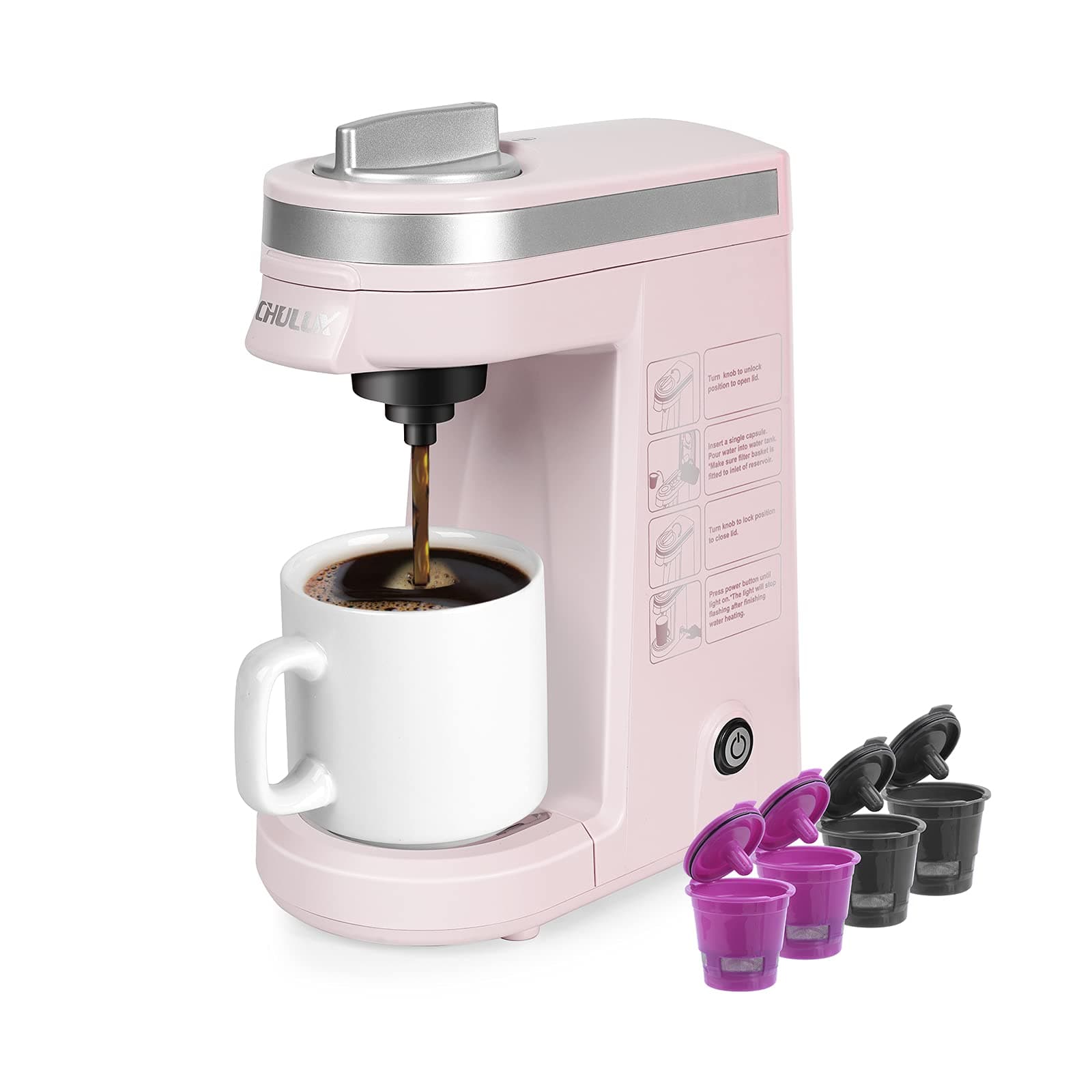 CHULUXSingle Serve Coffee Maker with 4-Pack Reusable Mesh Coffee Filter,One Button Operation with Capacity 5 to 12 Ounce,Pink