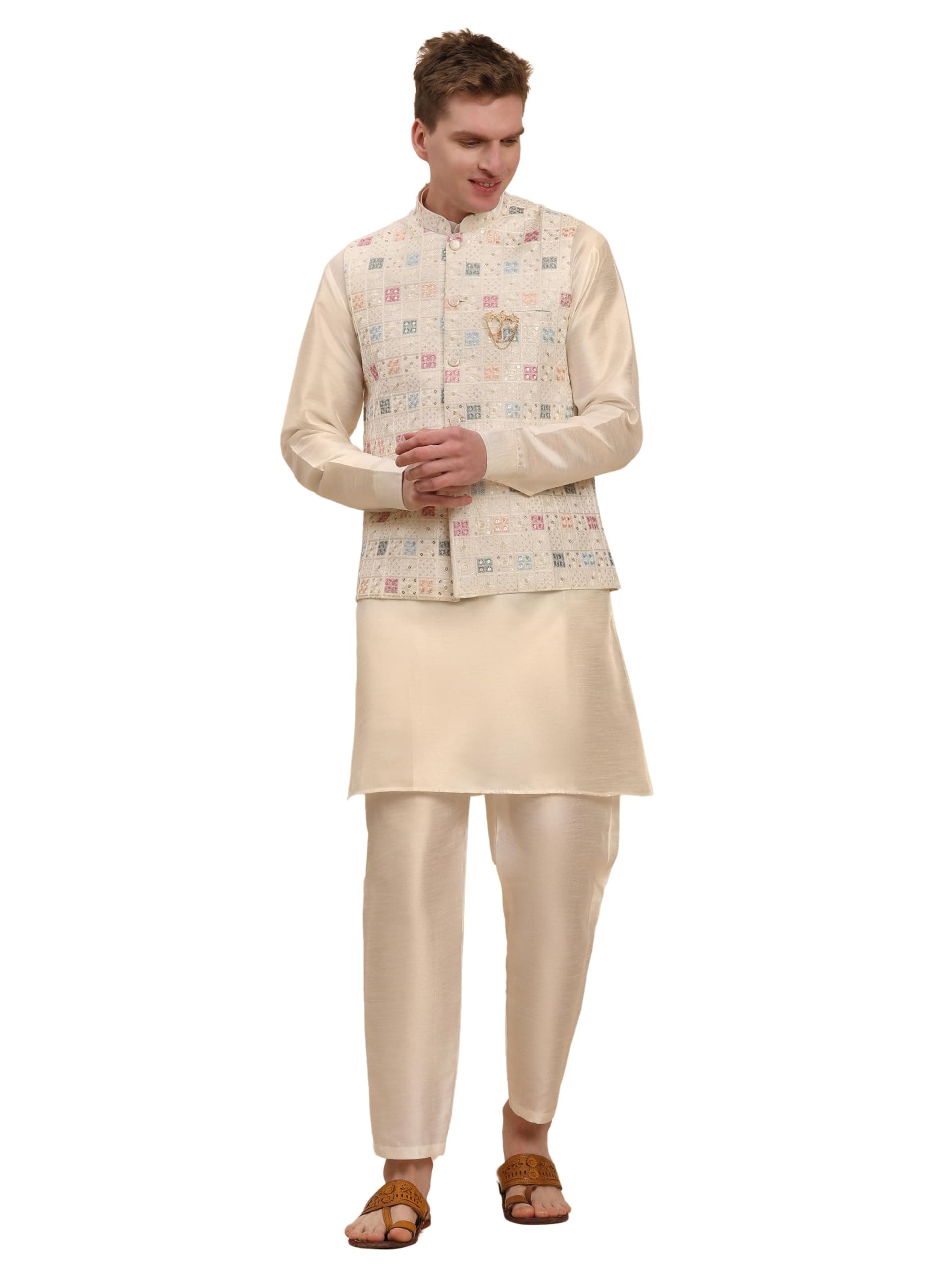 Mens Indian Traditional Silk Kurta Set With Jacket For Men Floral Design (C-112)
