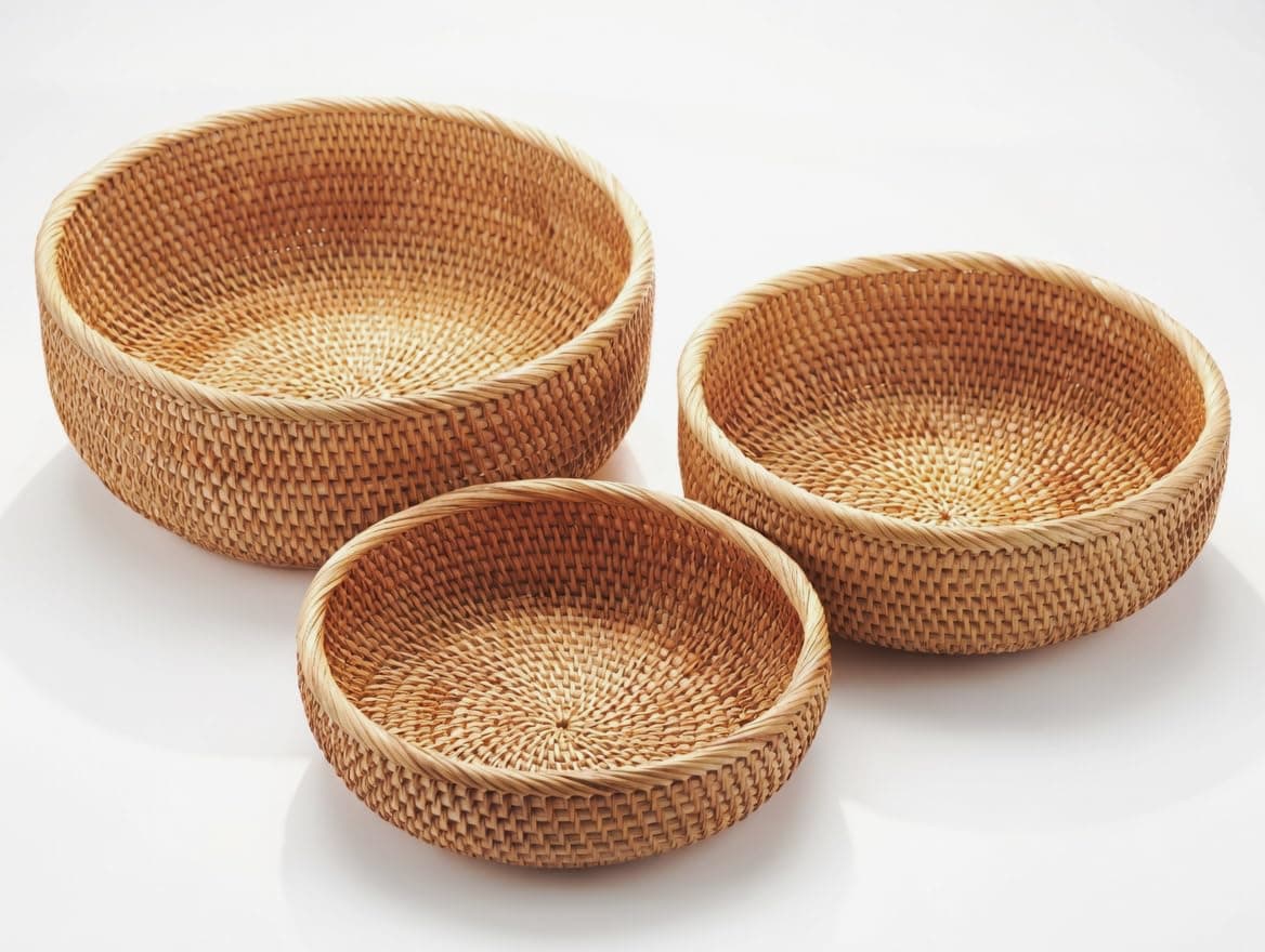 YANGQIHOME Natural Rattan Round Fruit Basket Bowls, Handwoven Storage Serving Baskets, Wicker Organizer for Dinning Room (Set of 3)
