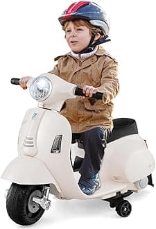 Kids Motorcycle, Electric Vespa Scooter with Training Wheels, Headlight, Horn, One-Button Start, 6V Battery Powered Toddler Motorcycle, Ride On Toy, Gift for Boys Girls (White)