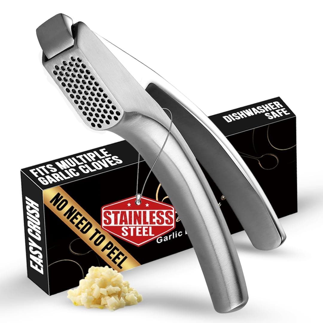 No Peeling Required Garlic Press Stainless Steel with Detachable Handle for Fine Mincing-Premium Garlic Mincer Tool, Rust-Proof, Easy to Clean, Dishwasher Safe Garlic Crusher with Lifetime Replacement