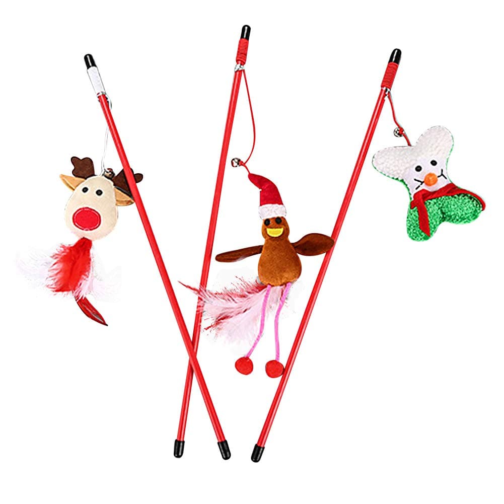 Eudola Christmas Moose Cat Toy,Cat Feather Teaser Interactive Feather Toy Cat Wand Play Sticks For Cat Kitten Random Color x 3 piece
