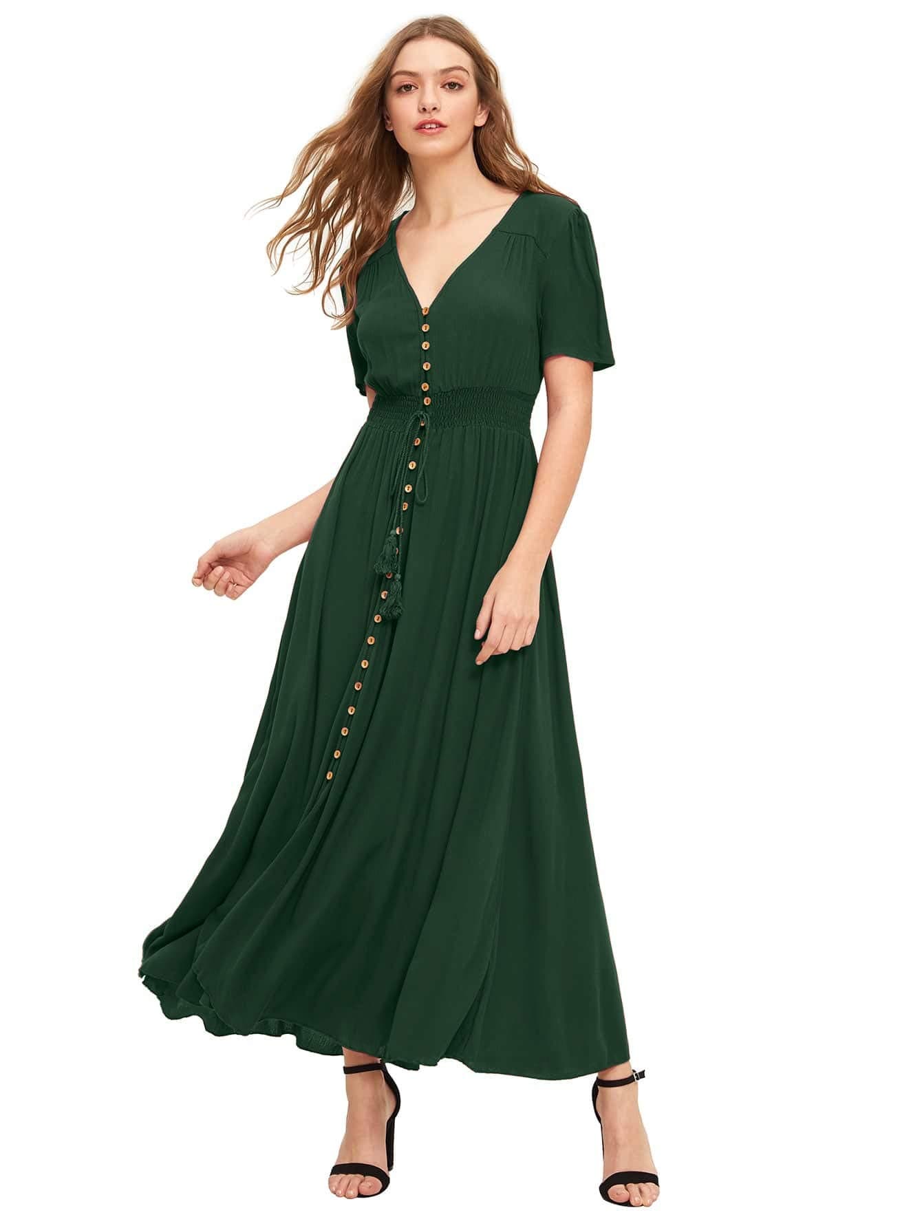 Women's Button Up Split Flowy Short Sleeve Plain A Line Party Maxi Dress