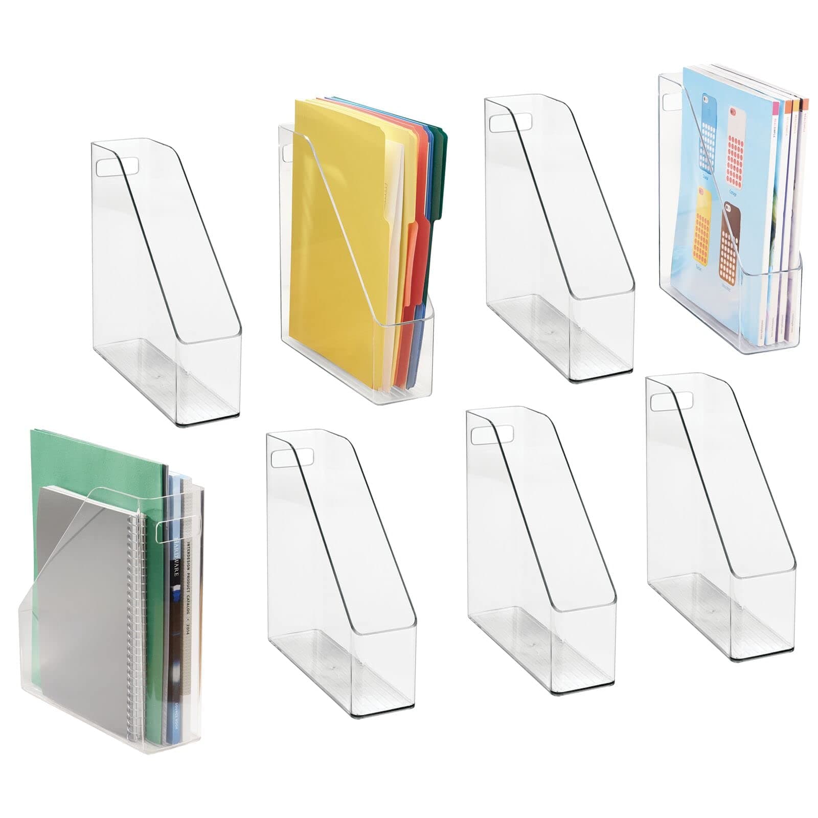 mDesignPlastic Slim Vertical File Folder Bin Storage Organizer With Handle - Hold Notebooks, Binders, Envelopes, Magazines - Container For Home Office, Work Desktops, Ligne Collection, 8 Pack - Clear