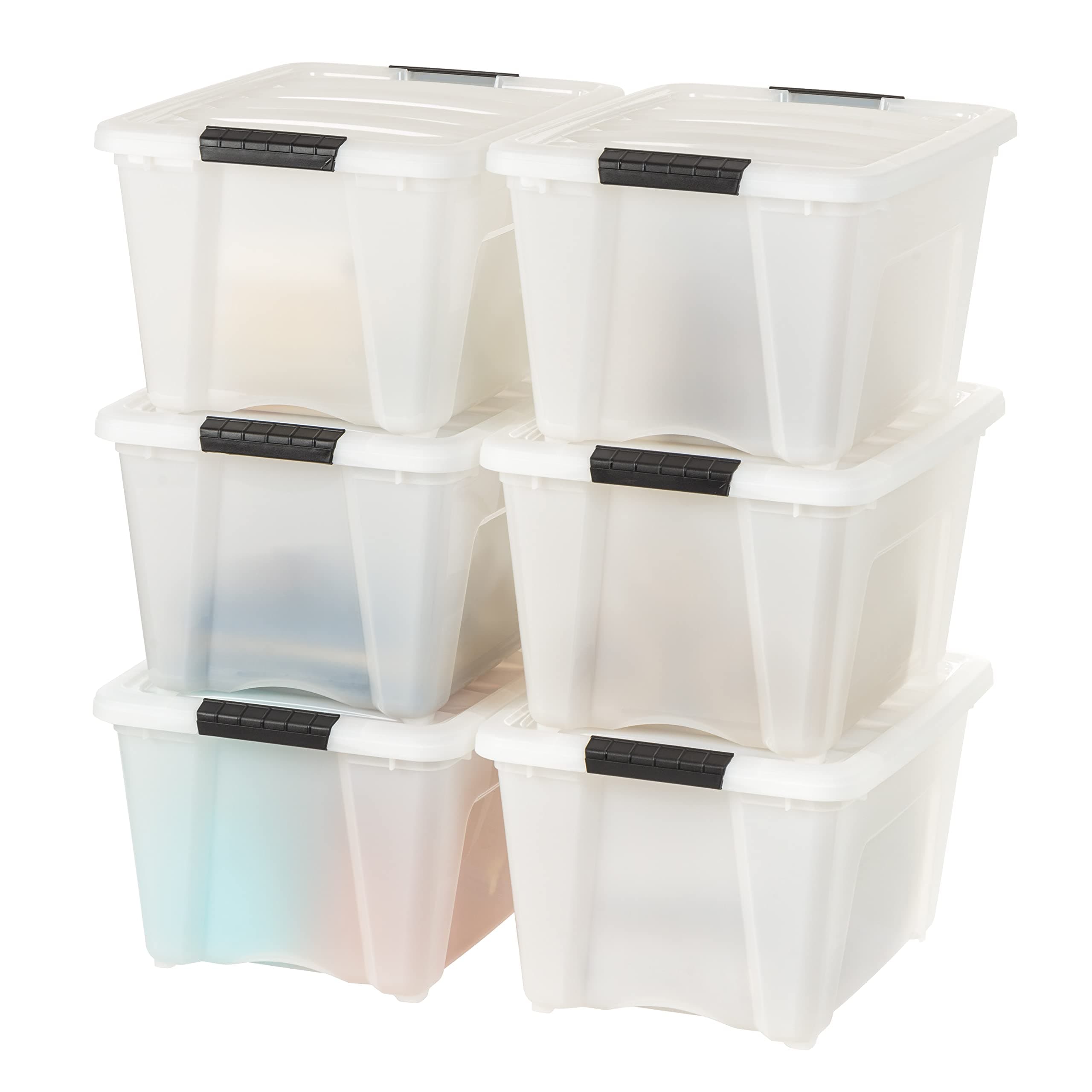 32 Qt Stackable Plastic Storage Bins with Lids, 6 Pack - BPA-Free, Made in USA - Discreet Organizing Solution, Latches, Durable Nestable Containers, Secure Pull Handle - Pearl