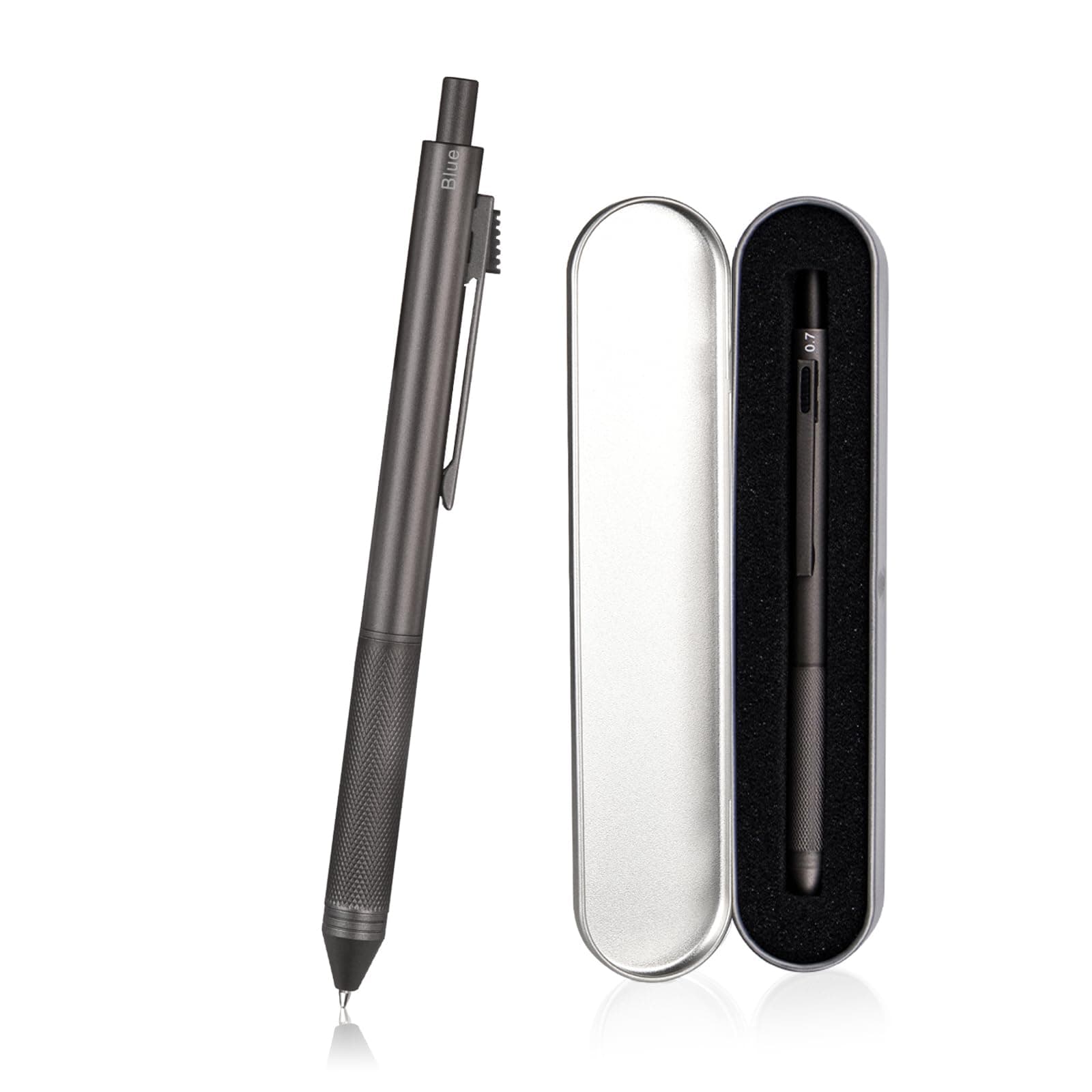 4 in1 Multi-Function Refillable & Retractable Ballpoint Pen + 0.7mm Mechanical Pencil, Fine Point, Grey Metal Barrel, With Black/Red/Blue Inks Color Code, Multicolor Pen With Metal Gift Box