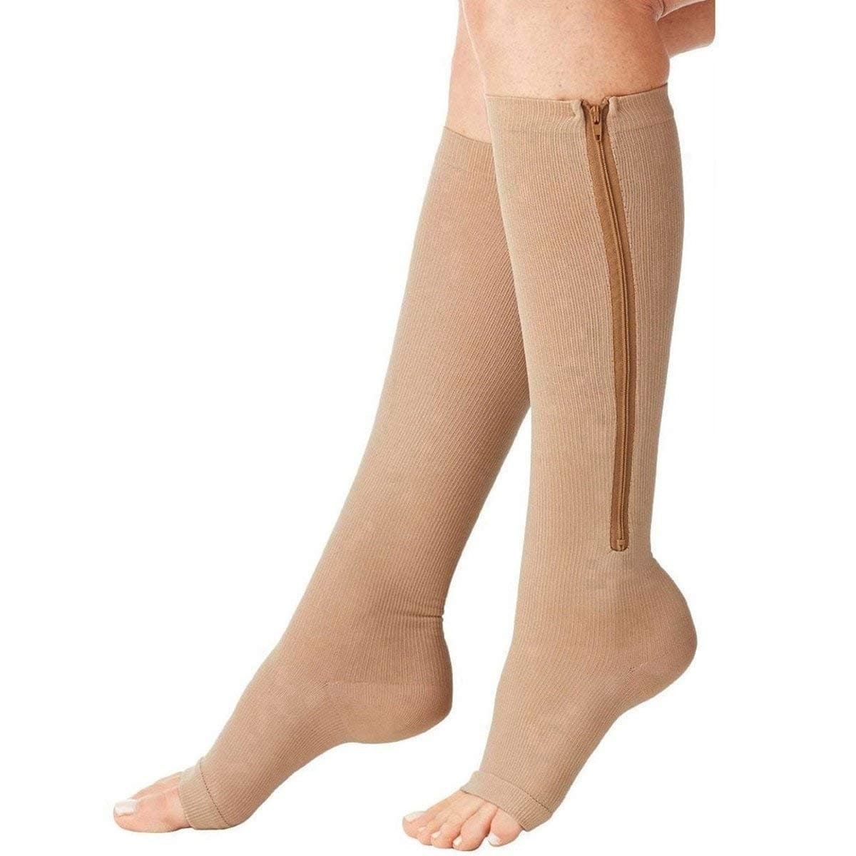 Compression Socks (2 Pairs) New Compression Zip Sox Socks Stretchy Zipper Leg Support Unisex Open Toe Knee Stockings