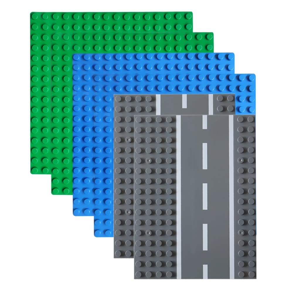 6 Pack Large Blocks, 4 Pack One-Side Baseplates, 2 Pack Straight Road Baseplates, Compatible with All Major Brand Bigger Size Bricks