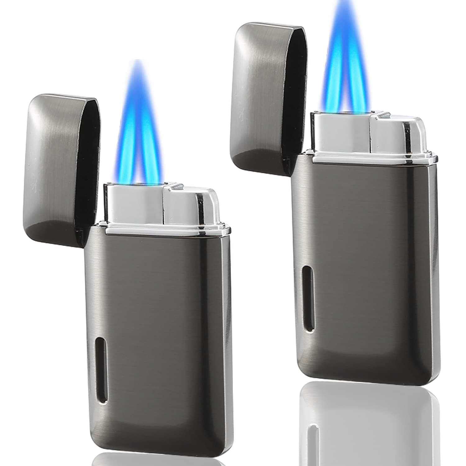 2 Pack Double Flame Torch Lighter - Refillable Butane With Visible Window, Adjustable Jet Flame, Classic Pocket Design for Men and Women (Grey, Without Butane)