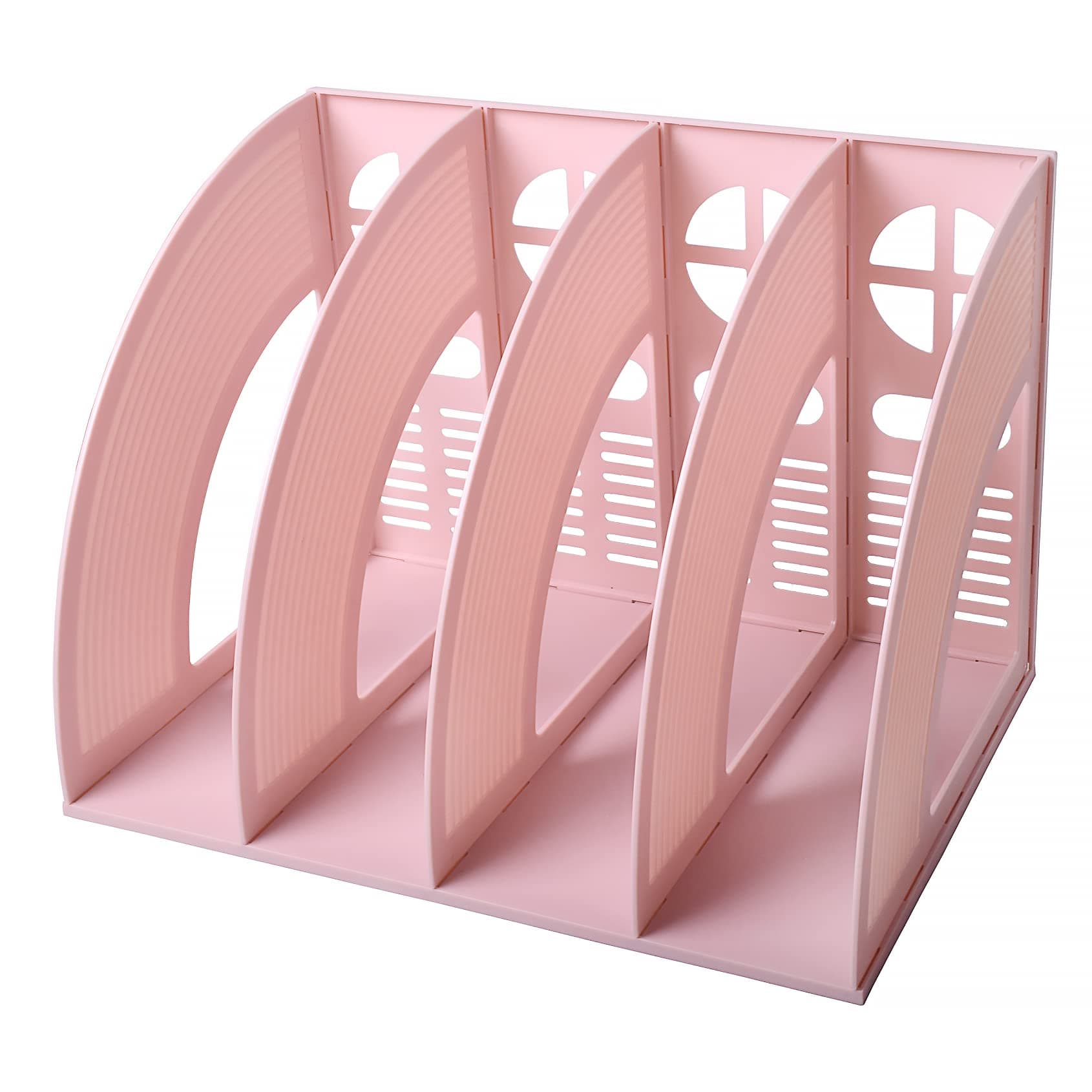 Marte Vanci Magazine File Holder, Sturdy Desk File Organiser Plastic Book Holder Desktop Magazine Rack A4 Paper Document Folder Shelf Divider Office Cabinet Storage Organiser Pink 4 Compartments