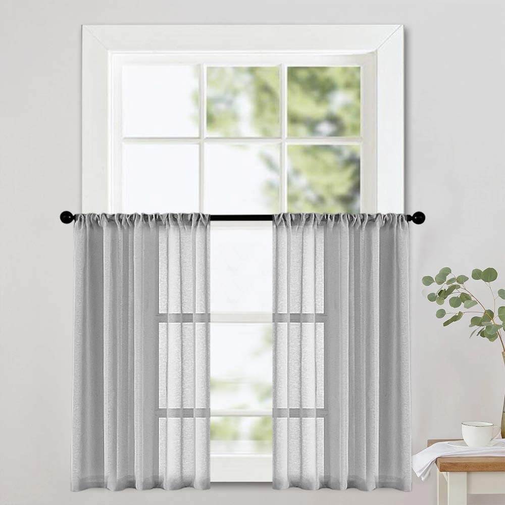 MRTREES Grey Sheer Tier Curtains Kitchen 36 inch Length Voile Half Window Curtains Transparent Light Filtering Short Curtain Sheers Bathroom Rod Pocket Gray 2 Panels
