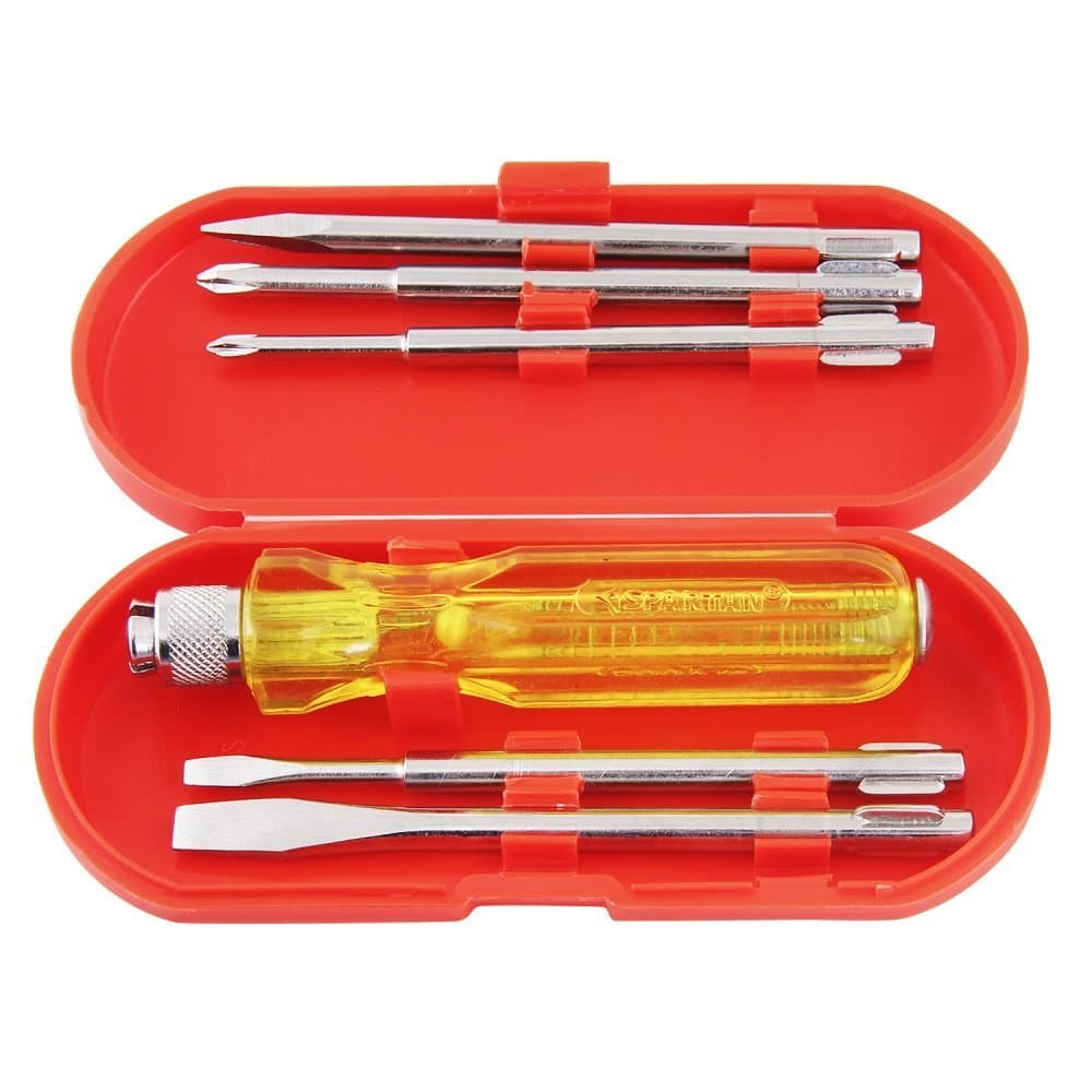 5-in-1 Pc Screw Driver Set With 2 Flat Tip Blades(3.5mm & 6mm), 2 Phillips Head(0 & 1) & 1 Round Poker Bar | Ideal for Home Repair, Electrical Work, DIY & General Use (S-6, Yellow)