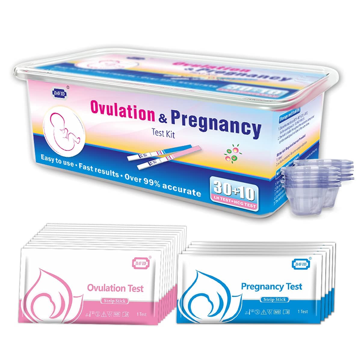 DAVID Ovulation Predictor Kit, 30 Ovulation Tests + 10 Pregnancy Tests Strips, 40 Count with Urine Cups, Fertility Test for Women, Over 99% Accurate (30LH-10HCG), EXP 10-30-2023