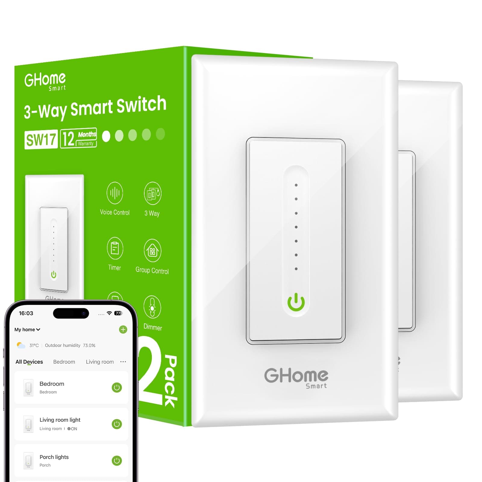 3 Way Dimmer Smart Switch Can Work Separately Or Work with Traditional 3-Way Switch, Compatible with Alexa, Google Assistant, Neutral Wire Required, 2.4GHz WiFi Only, FCC Certified, 2 Pack