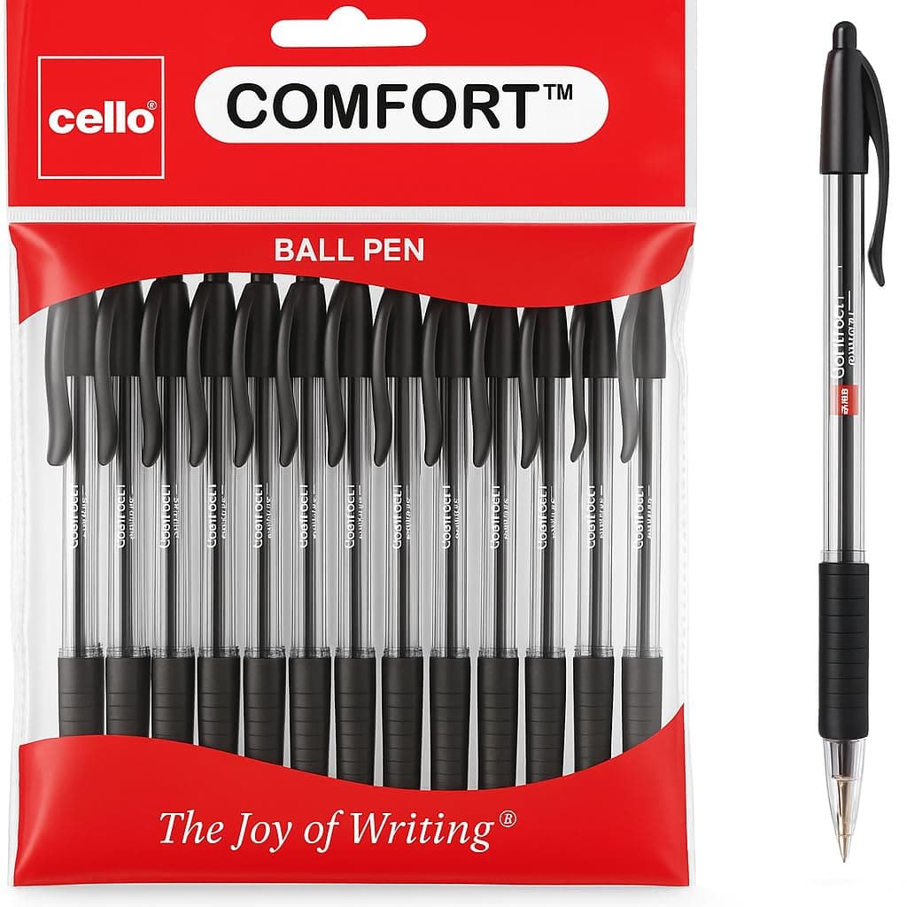Comfort Ballpoint Pens - Premium Retractable Biro Pens with Ergonomic Grip, Medium Point 1.0mm, Black Ink, Pack of 12 - Ideal for Office, School & Home Writing