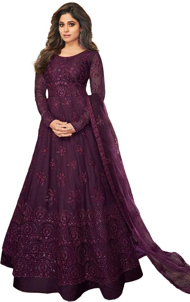 Women's net semi Stitched Embroidery and Sequence Work Multi Color Designer Gown