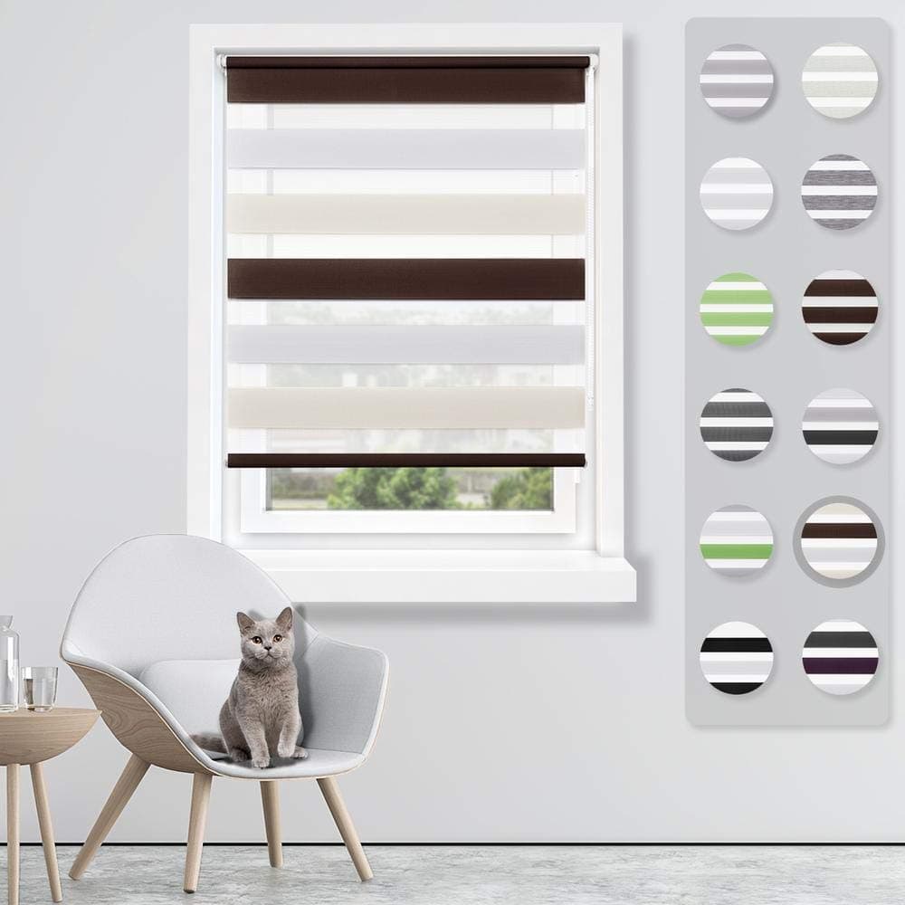 SBARTAR Zebra Double Roller Blinds, 45 x 150 White Beige Brown Day Night Double Layer Roller Shades Filtering with Side Chain Easy Assembled without Drilling for Window