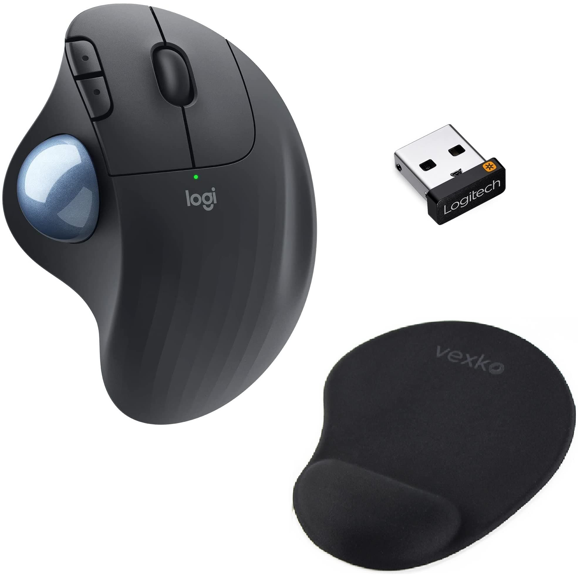 Bundle Logitech Ergo M575 Wireless Trackball Mouse (Graphite) Bluetooth, USB + Vexko Ergonomic Mouse Pad with Gel Wrist Rest (Black)