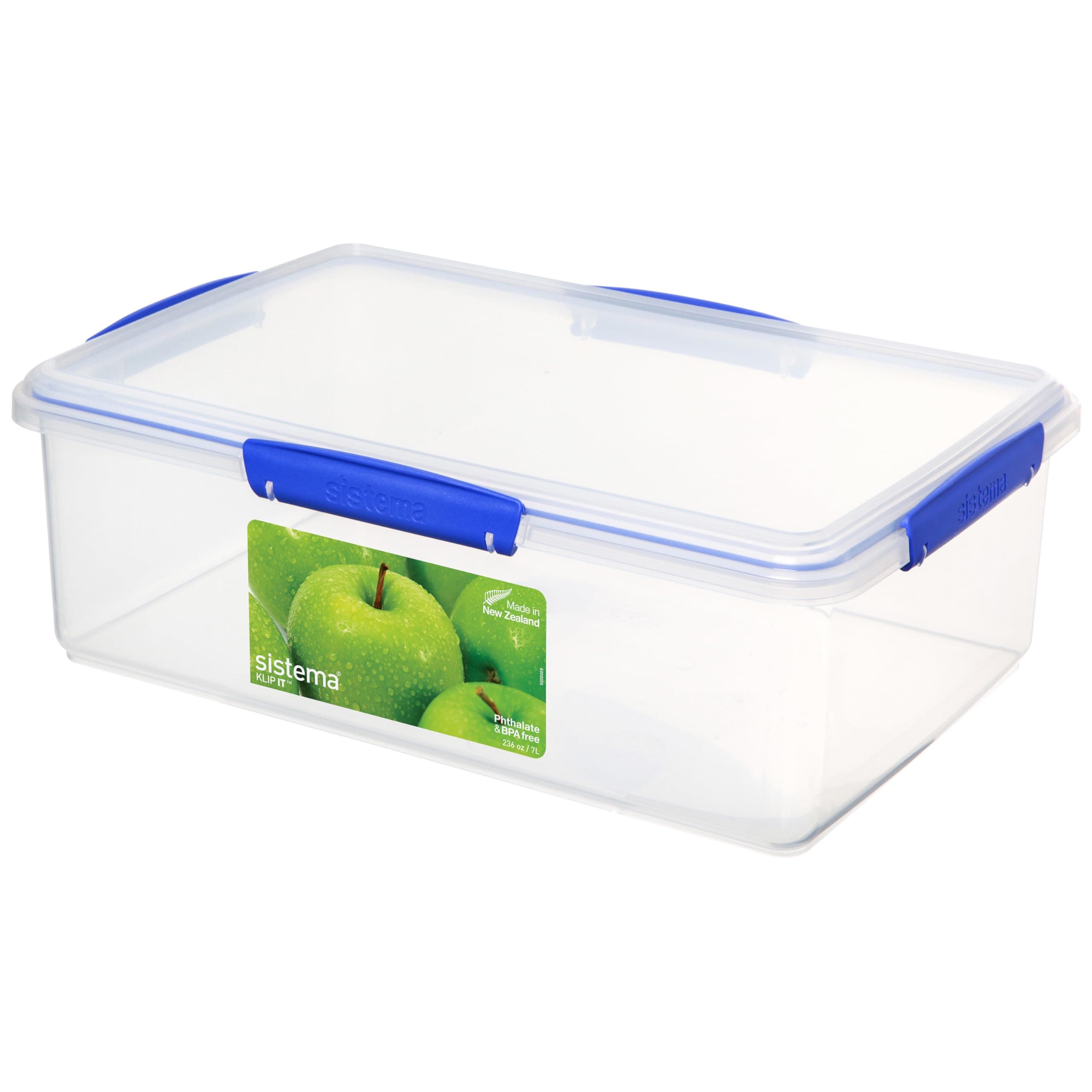 Sistema KLIP IT Food Storage Container, 7 L, Airtight & Stackable, BPA-Free, Clear with Blue Clips