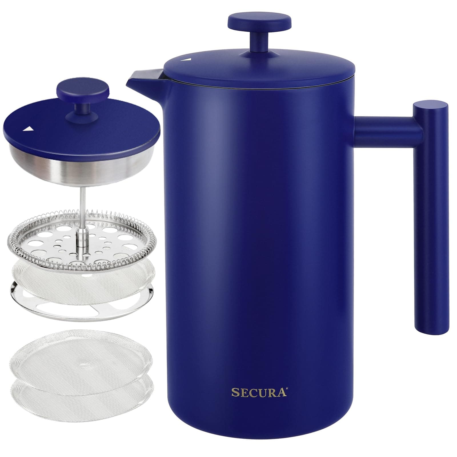 French Press Coffee Maker, 304 Grade Stainless Steel Insulated Coffee Press with 2 Extra Screens, 34oz (1 Litre), Blue