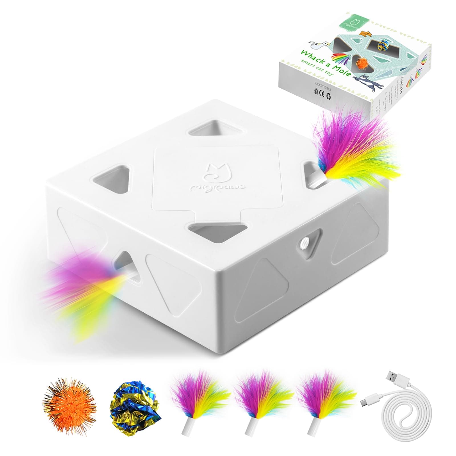 Migi Pose Cat Toy, Interactive Automatic 7 Hole Mouse Swatter Game, Super Fun Smart Teasing Toy for Indoor Cats, USB Rechargeable with 4 Replacement Blades